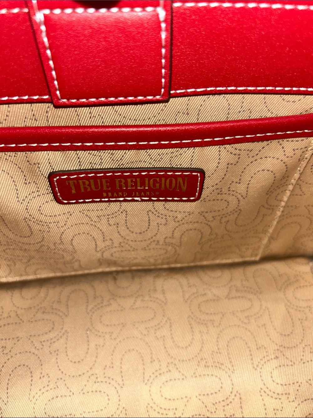 True Religion blue striped denim tote/ red leather trim 10.25”x 4.25”x 7.5” NWT - Picture 5 of 9